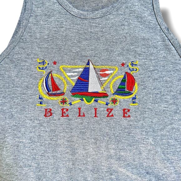 Vintage 90s Belize Sailboat Tank Top Gray Embroidered Cool Souvenir Unisex Large - Picture 4 of 10